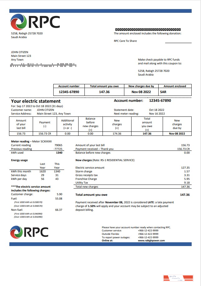 Saudi Arabia Rabigh Power Company utility bill, Word and PDF template